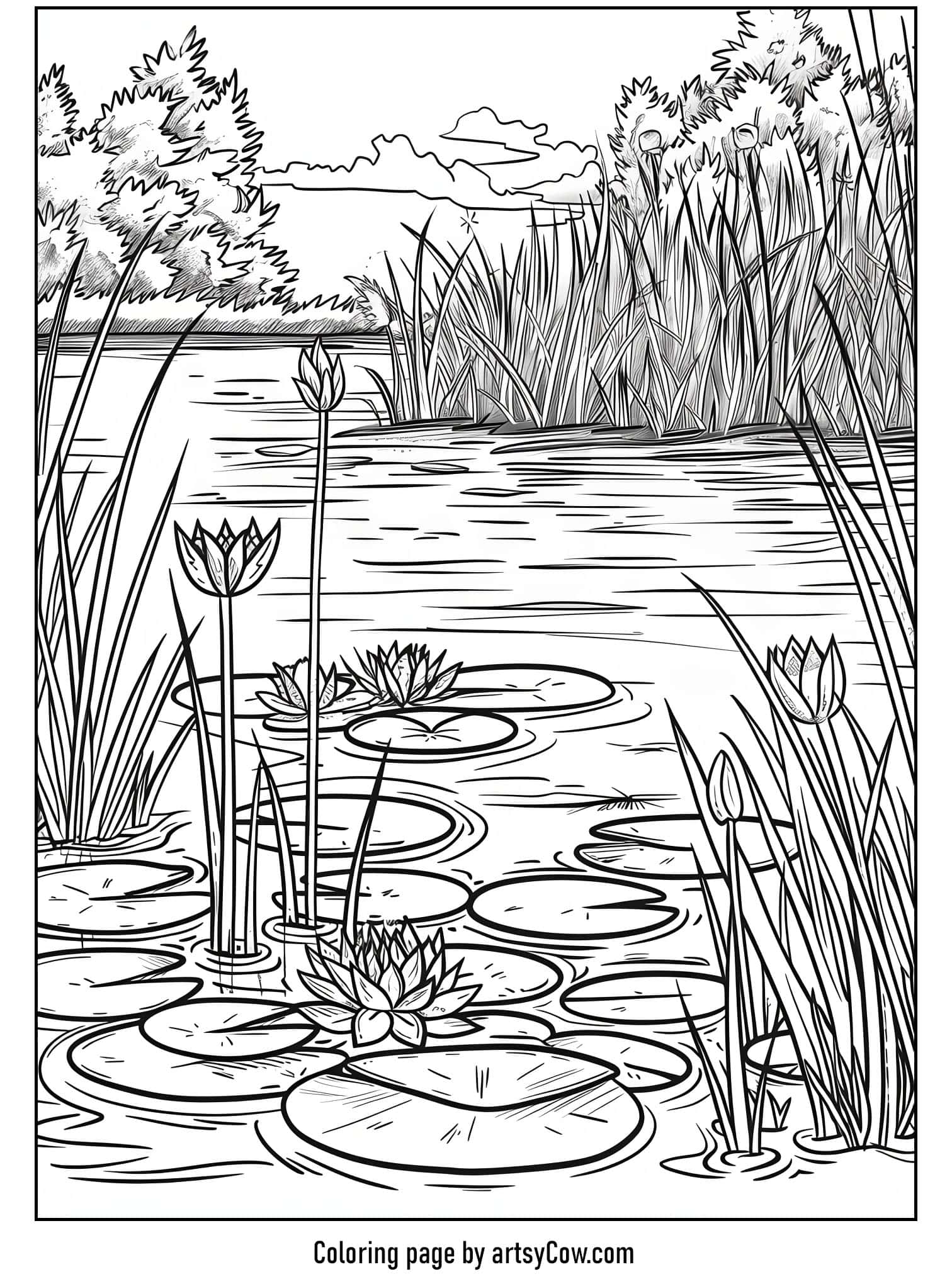 a peaceful pond with lily pads, reeds, and aquatic plants